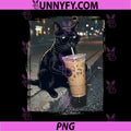 Black Cat Drinking Iced Coffee PNG, Funny Animal Meme PNG