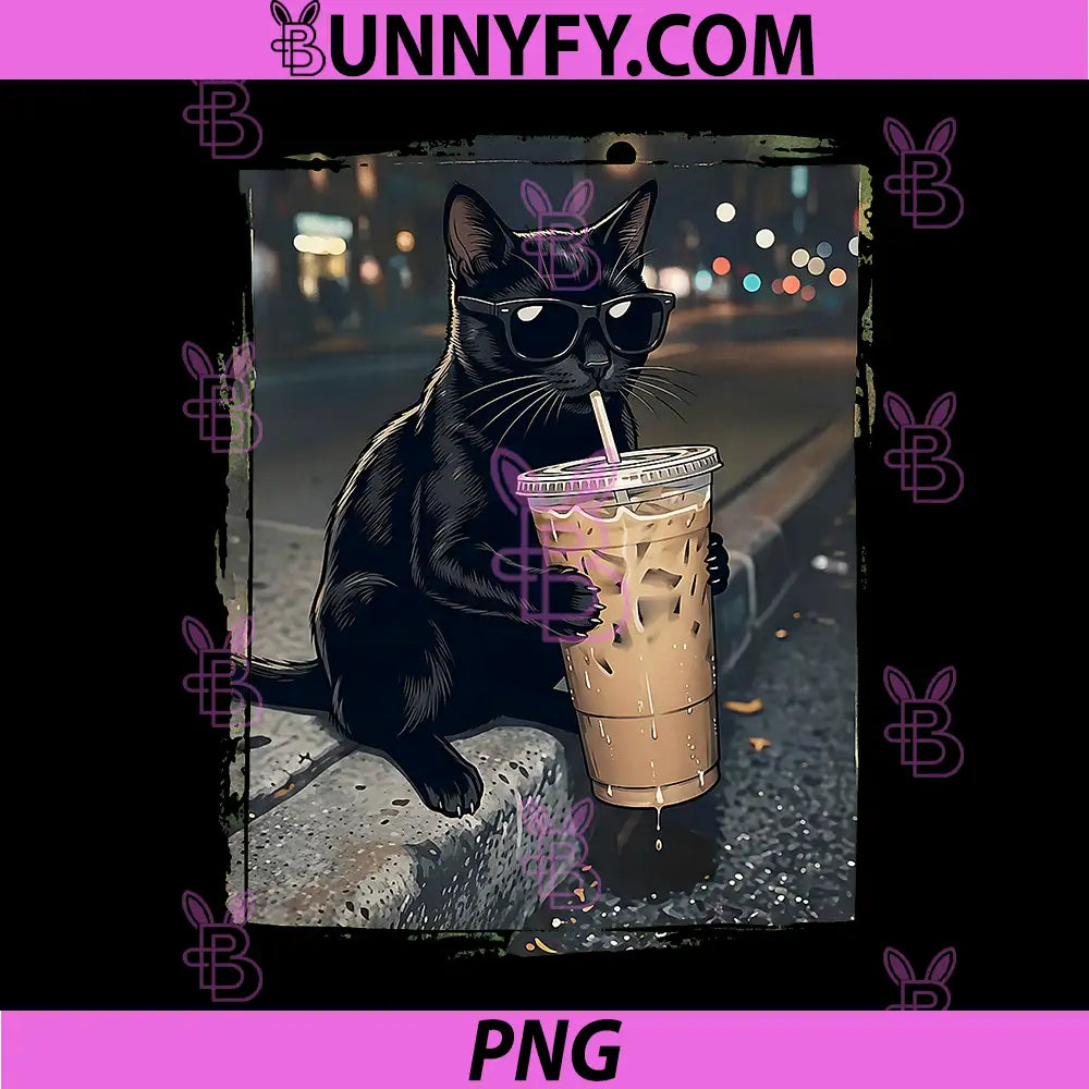 Black Cat Drinking Iced Coffee PNG, Funny Animal Meme PNG