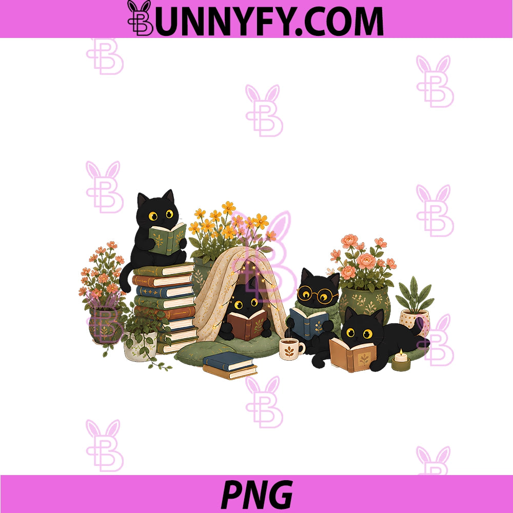Black Cat Reading Book Cottagecore Pink PNG, Plant Floral Cozy PNG