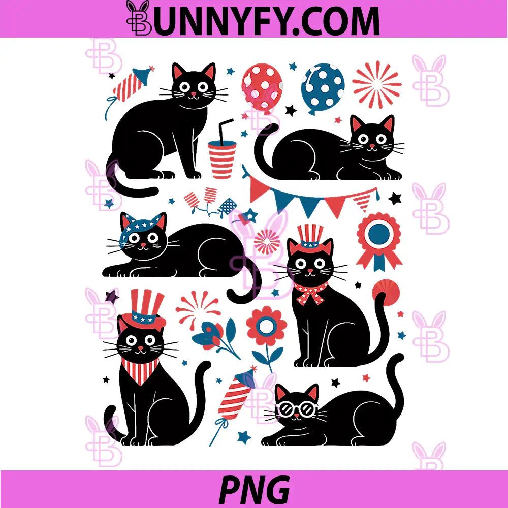 Black Cat USA Flag Fireworks PNG, Patriotic 4th of July Cat PNG