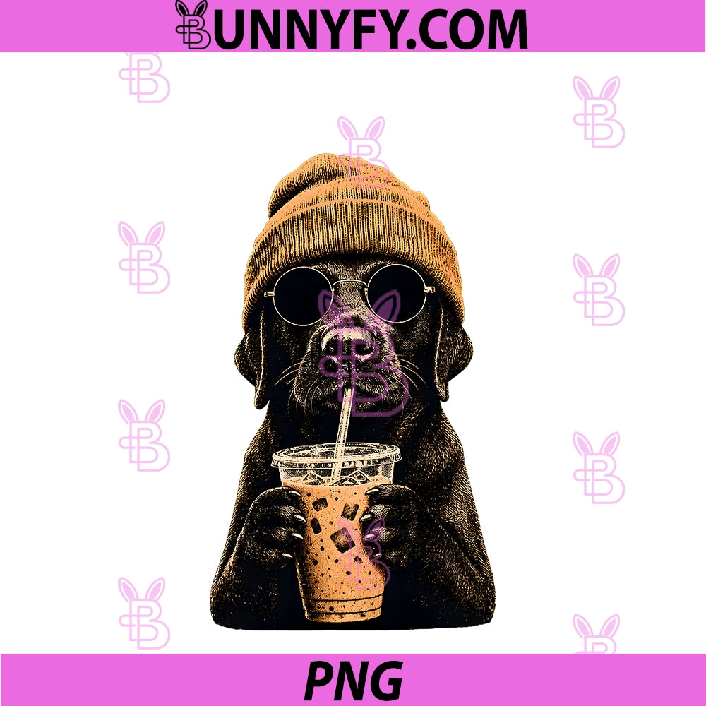 Black Labrador Hipster Dog PNG, Drinking Iced Coffee Sunglasses PNG