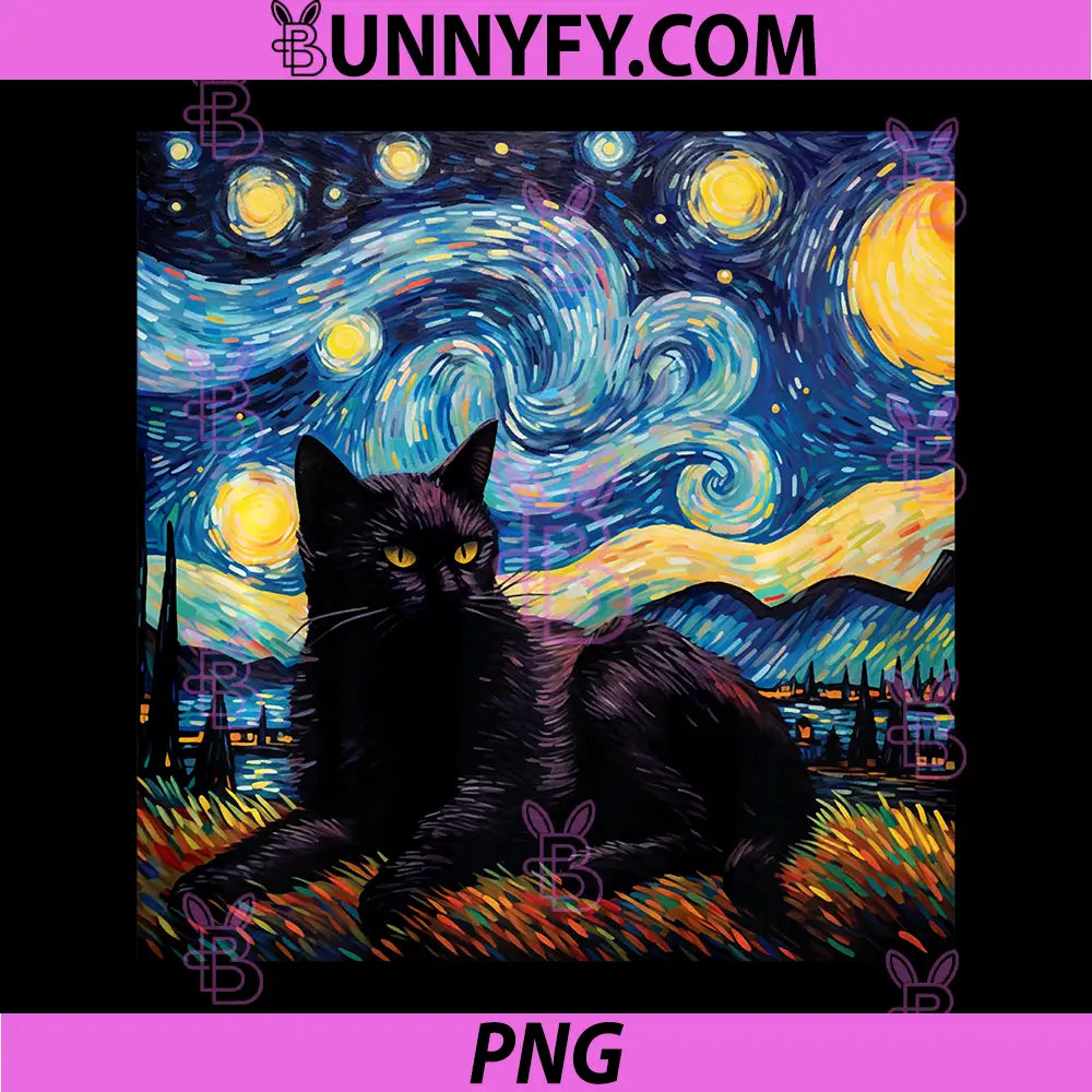 Black cat Painting Art Starry Night PNG, Kitty Kitten Van Gogh Performance PNG
