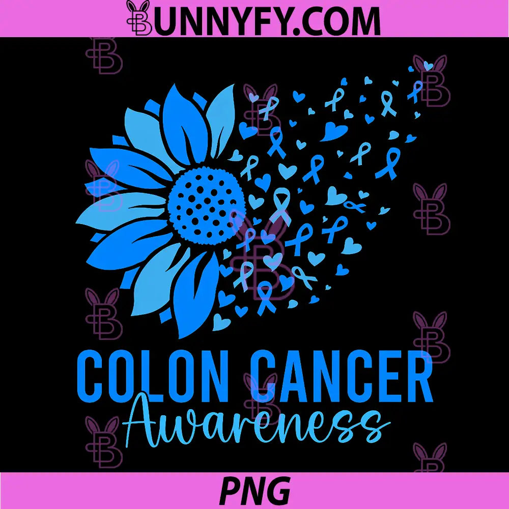 Colon Cancer Awareness Sunflower Ribbon Design PNG, Blue Ribbon Support PNG