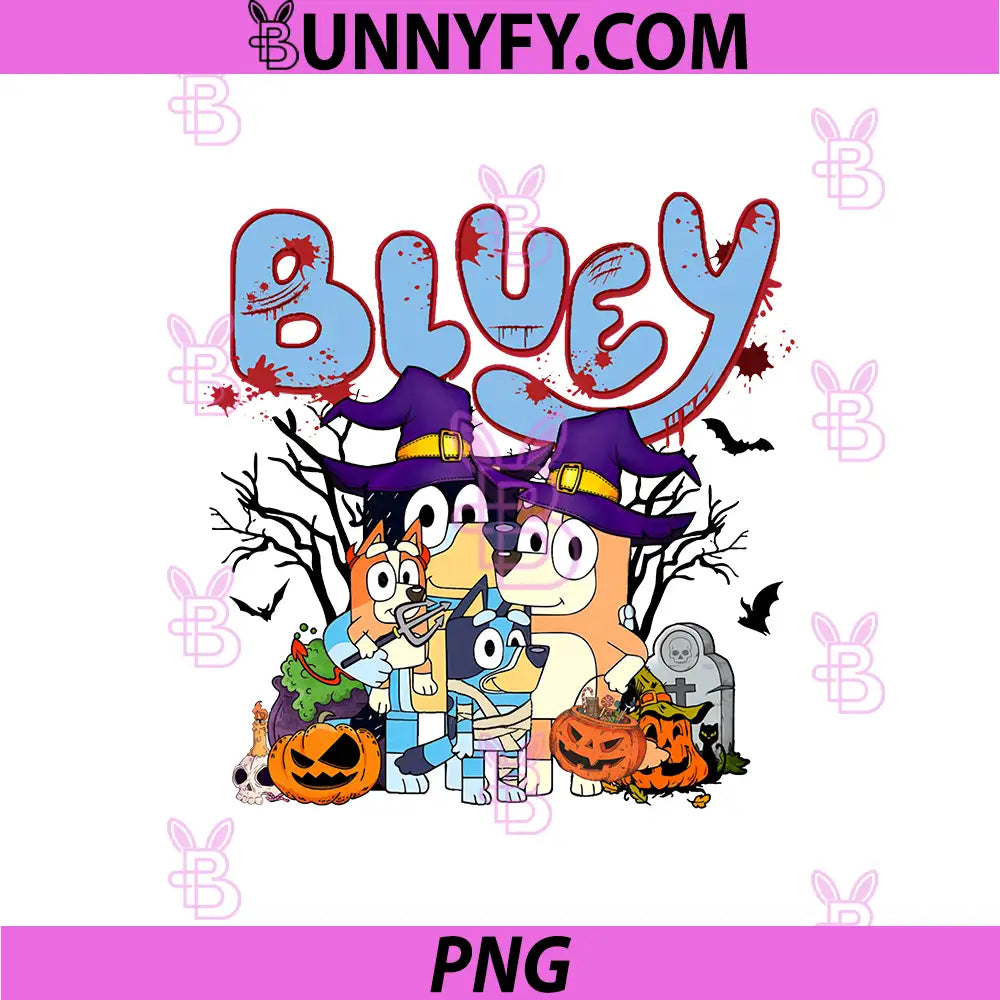 Bluey Bingo Cute Halloween Witch Family PNG, Bluey Pumpkin Spooky Night PNG