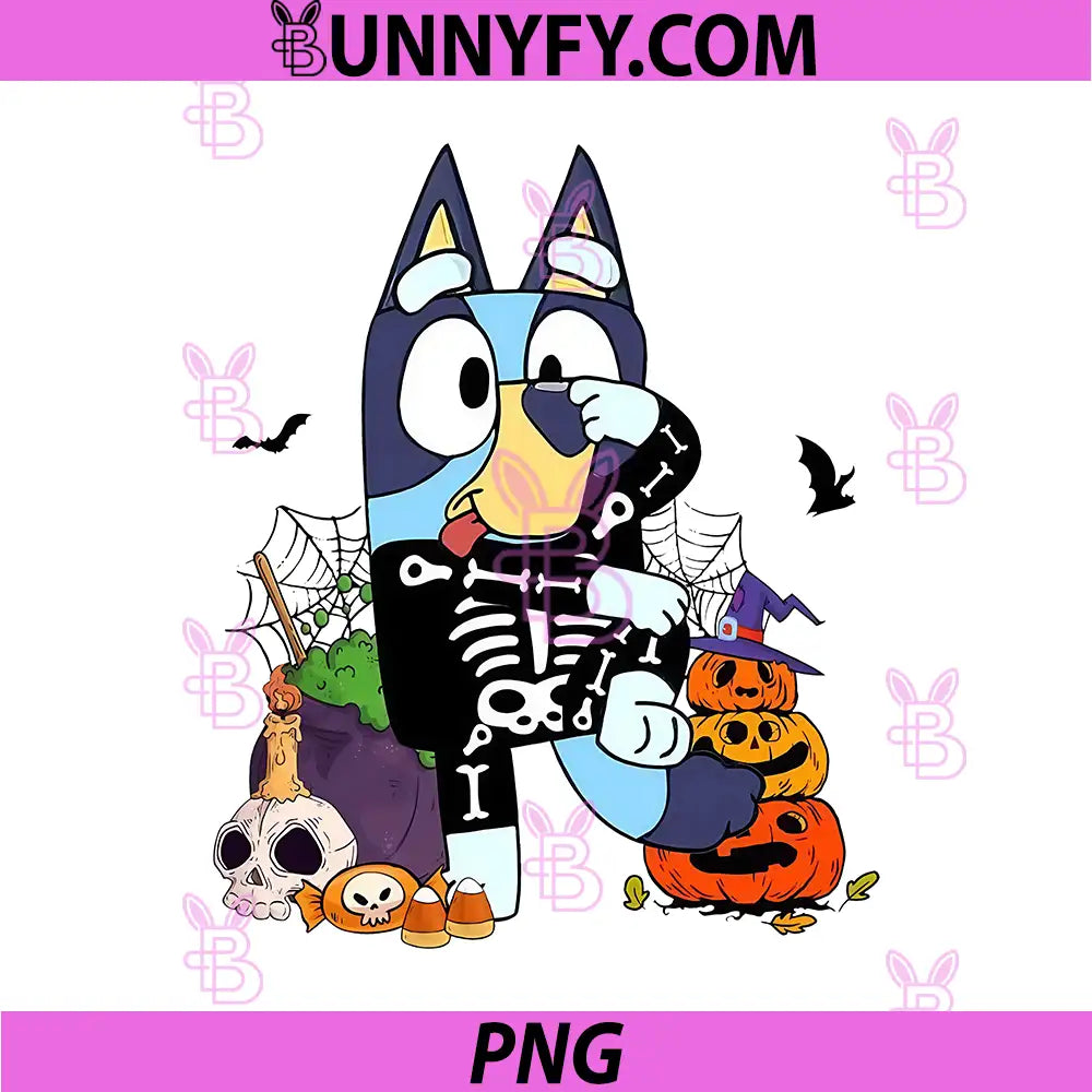 Bluey Halloween Skeleton Trick Or Treat PNG, Bluey Spooky Pumpkin Bat PNG
