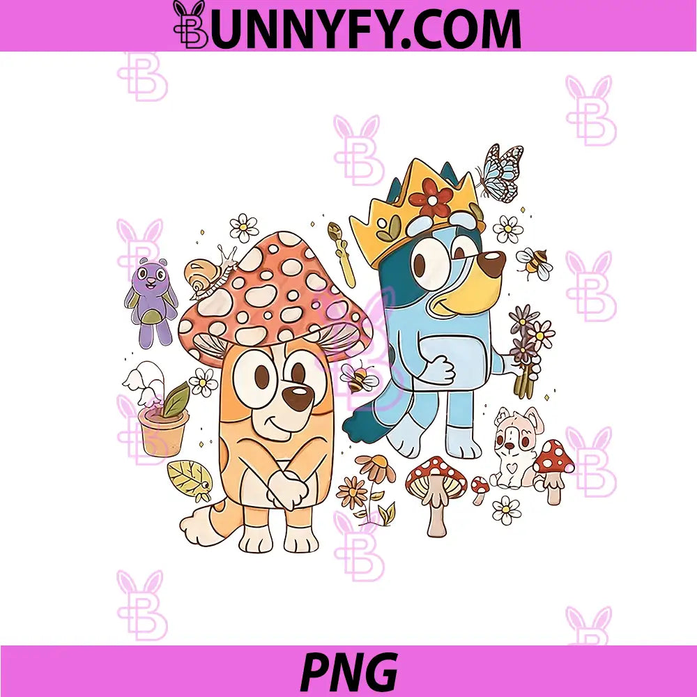 Bluey Bingo Mushroom Fairycore Cartoon PNG, Bluey Floral Cute Art PNG