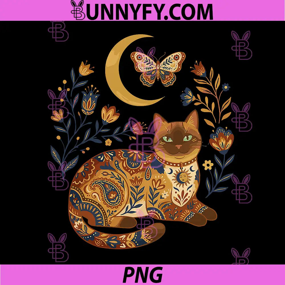 Boho Celestial Tonkinese PNG, Cat Moon Floral PNG