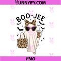 Boo JEE Ghost Coffee PNG, Coquette Bow Leopard Halloween Women PNG