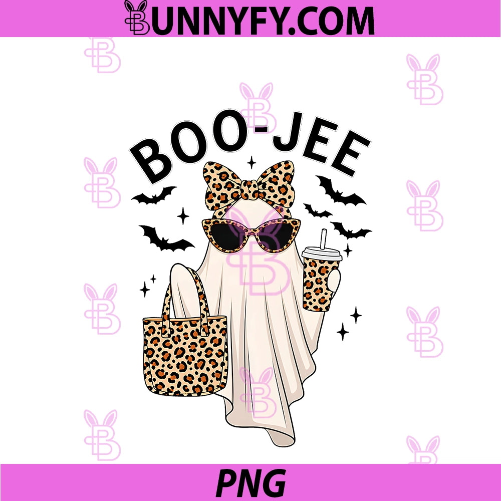 Boo JEE Ghost Coffee PNG, Coquette Bow Leopard Halloween Women PNG