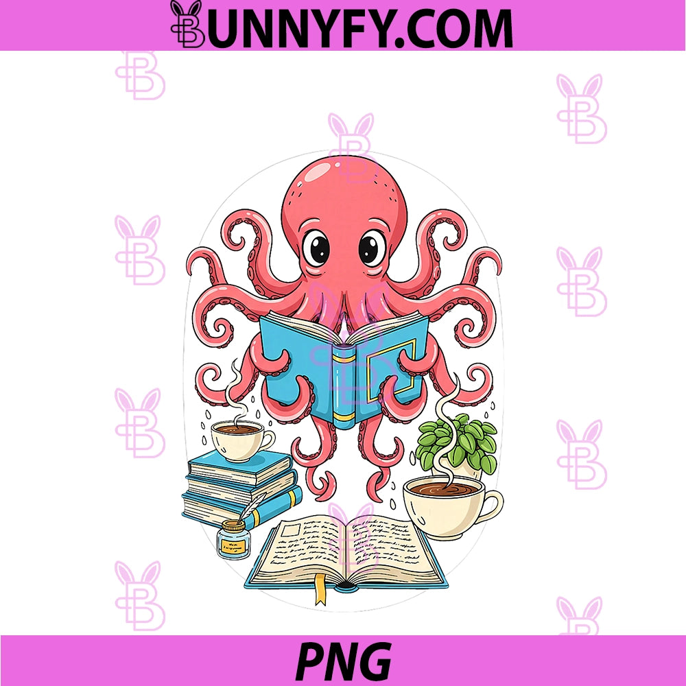 Bookish Octopus Reading PNG, Books And Coffee Literary Lover Art PNG