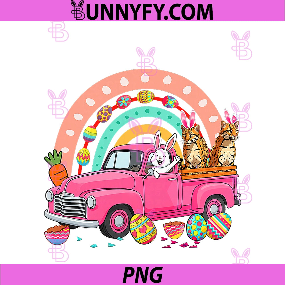 Bunny Couple Ocelots On Pickup PNG, Truck Easter Eggs Rainbow PNG