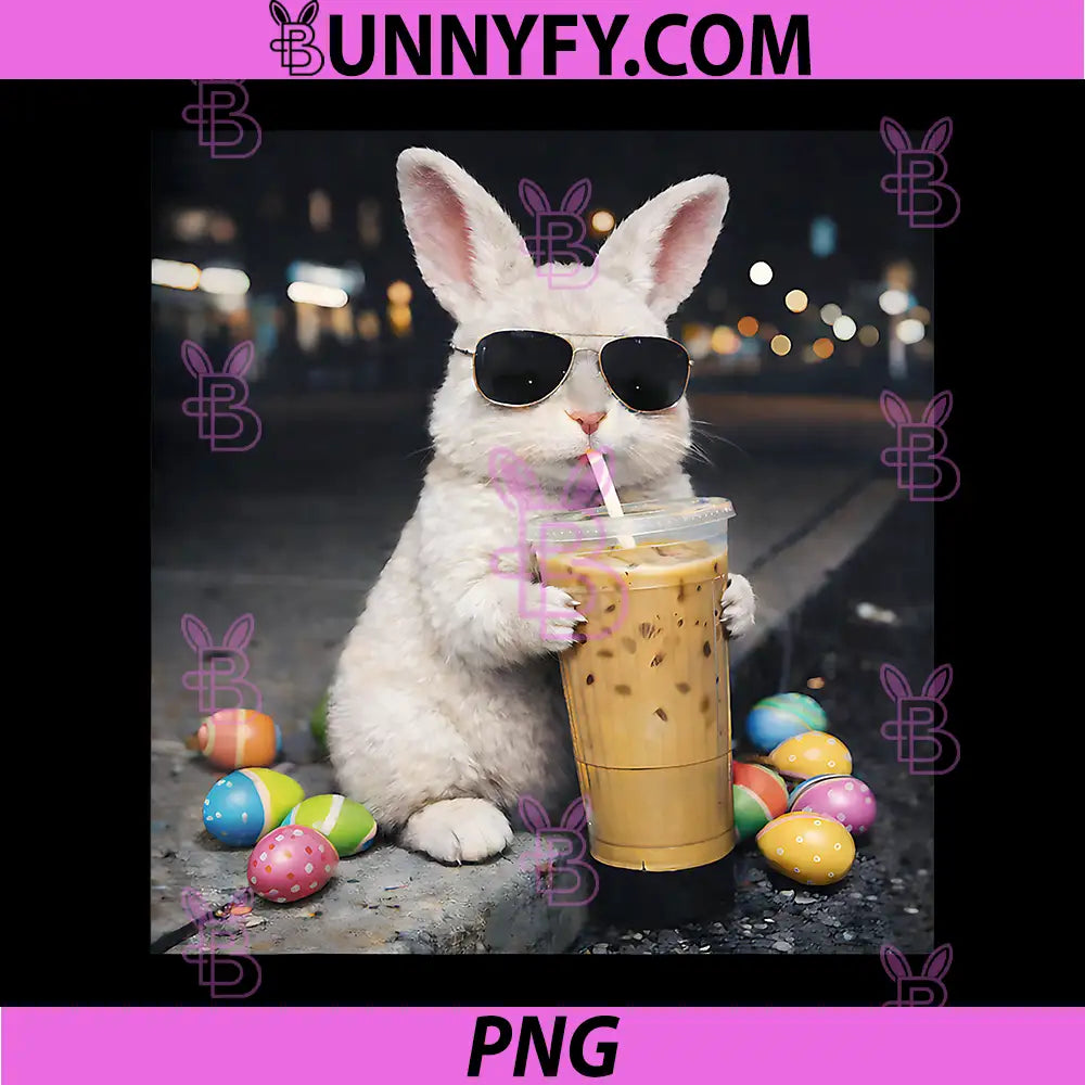 Bunny Drinking Iced Coffee PNG, Funny Easter Egg Rabbit PNG