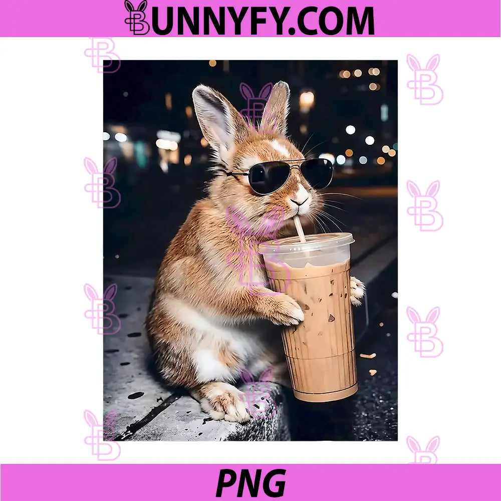 Cool Bunny Drinking Iced Coffee With Sunglasses PNG, Funny Rabbit Coffee Lover PNG