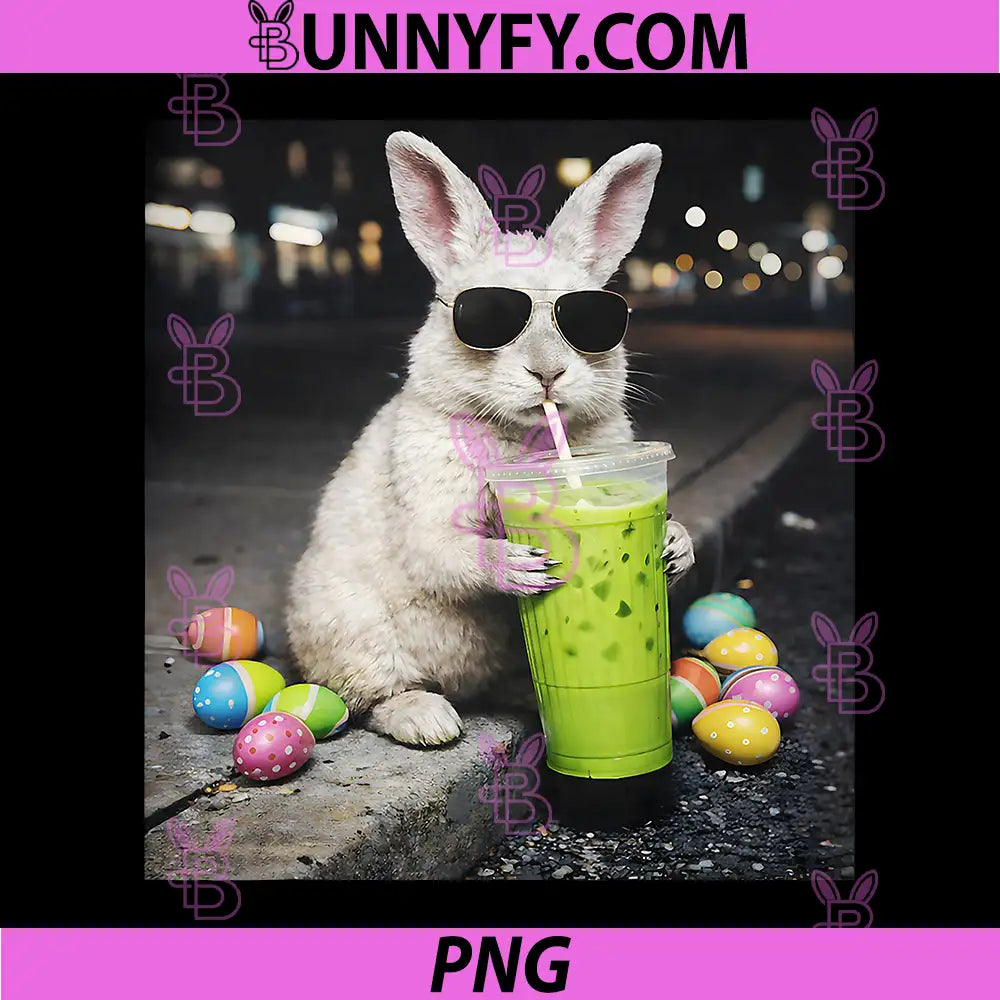 Bunny Drinking Matcha Latte PNG, Iced Coffee Easter Eggs Rabbit PNG