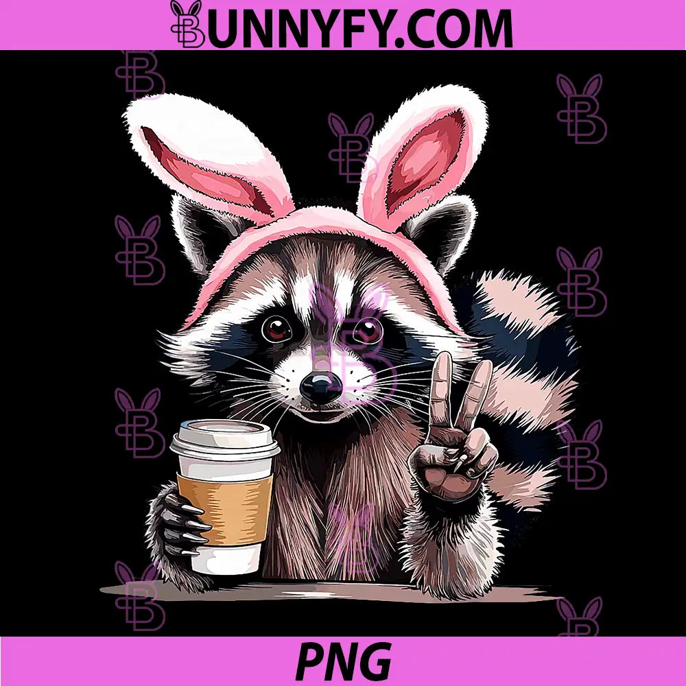 Bunny Raccoon Drinking Iced Coffee PNG, Easter Day Animal Meme PNG