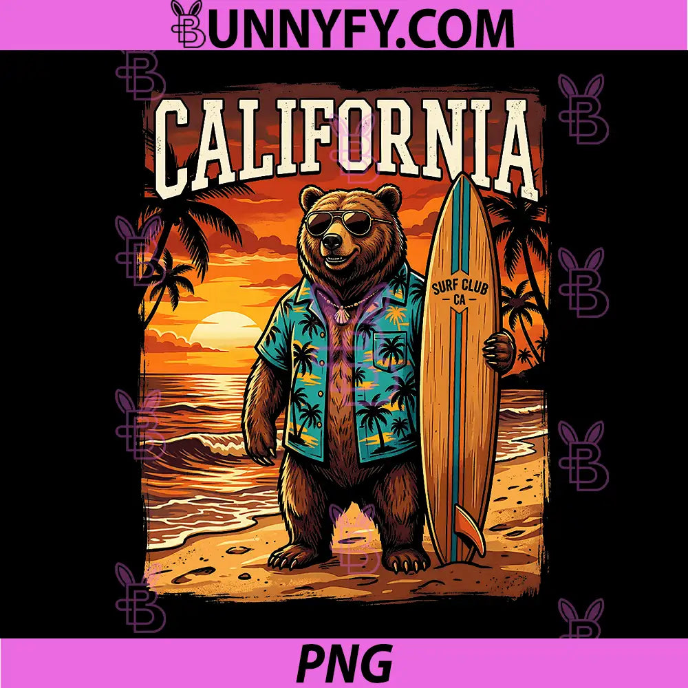California Retro Bear Surfing PNG, California Beach Sunset Summer PNG