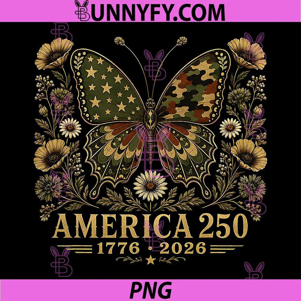 Camo Butterfly USA Flag 250th PNG, Anniversary 1776 2026 4th July PNG
