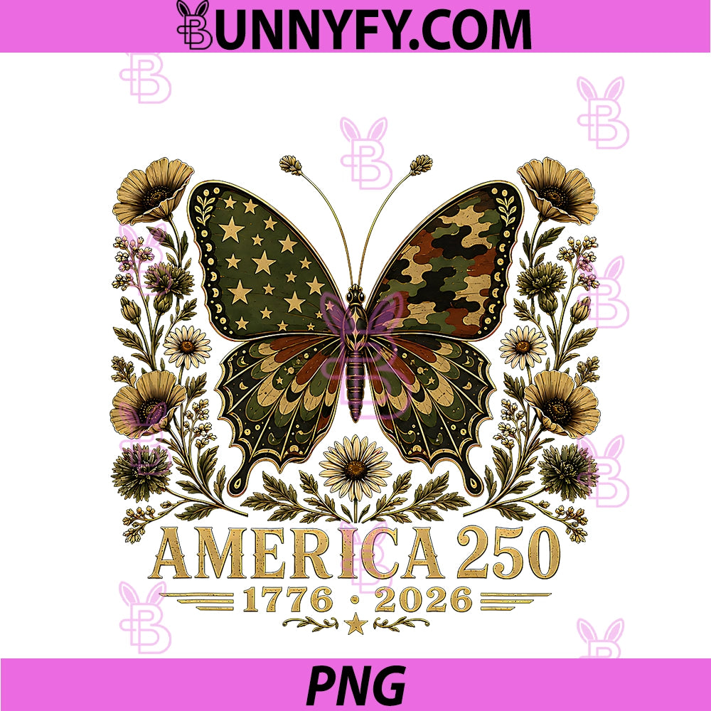 Camo Butterfly USA Flag 250th PNG, Anniversary 1776 2026 4th July PNG