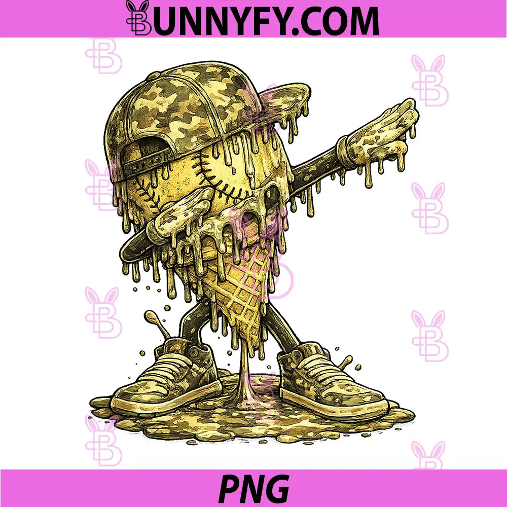 Camo Camouflage Softball PNG, Drip Ice Cream Dabbing Softball PNG