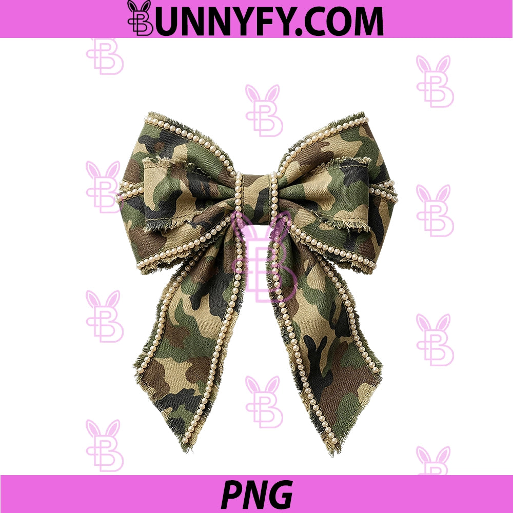 Camo Coquette Bow PNG, Pearl Aesthetic Cute Girly Military PNG
