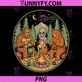 Campfire Knitting Friends PNG, Retro Bigfoot Alien Bear Knitting PNG