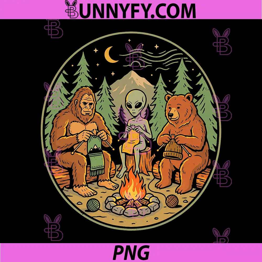 Campfire Knitting Friends PNG, Retro Bigfoot Alien Bear Knitting PNG