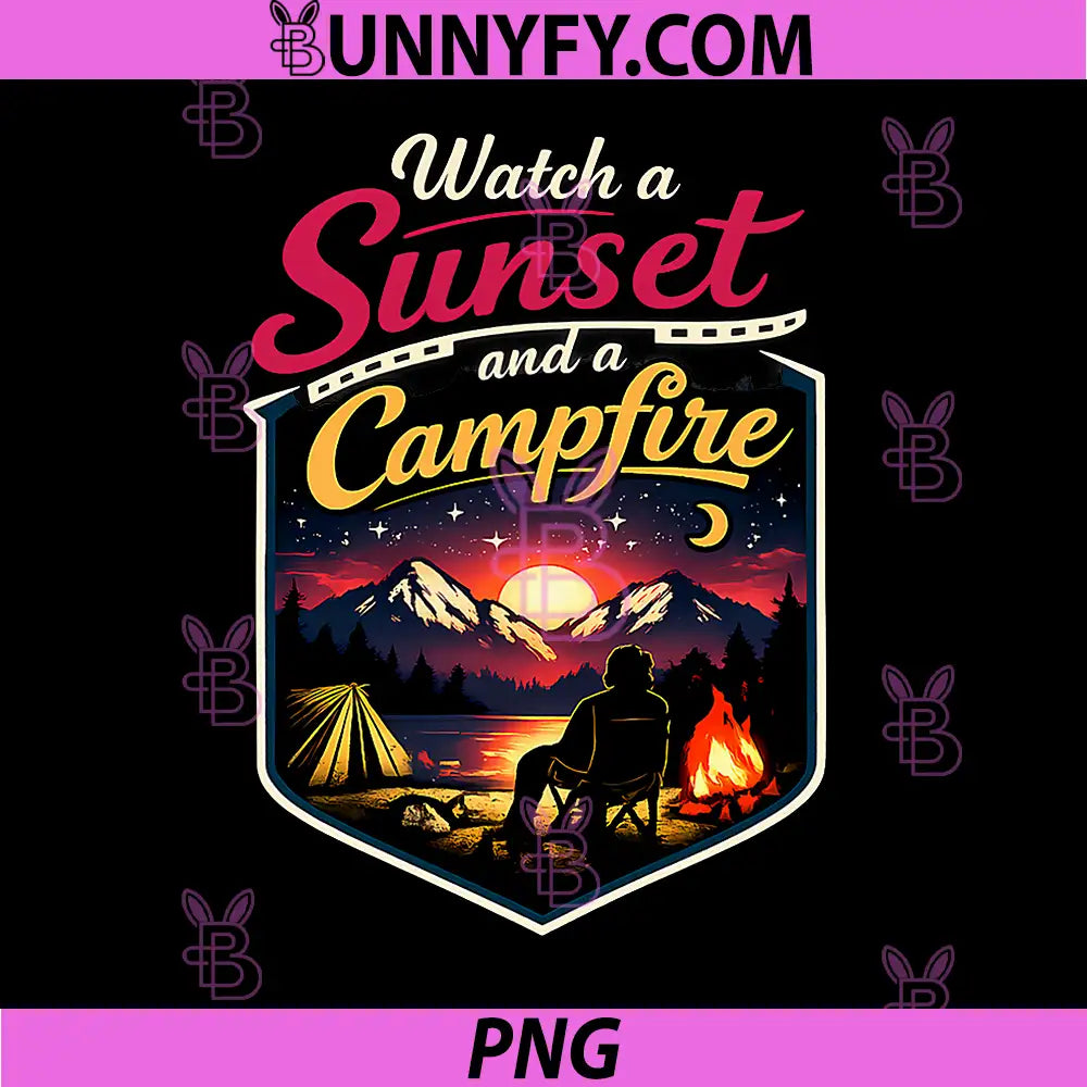Camping Mountain Badge PNG, Sunset and Campfire PNG