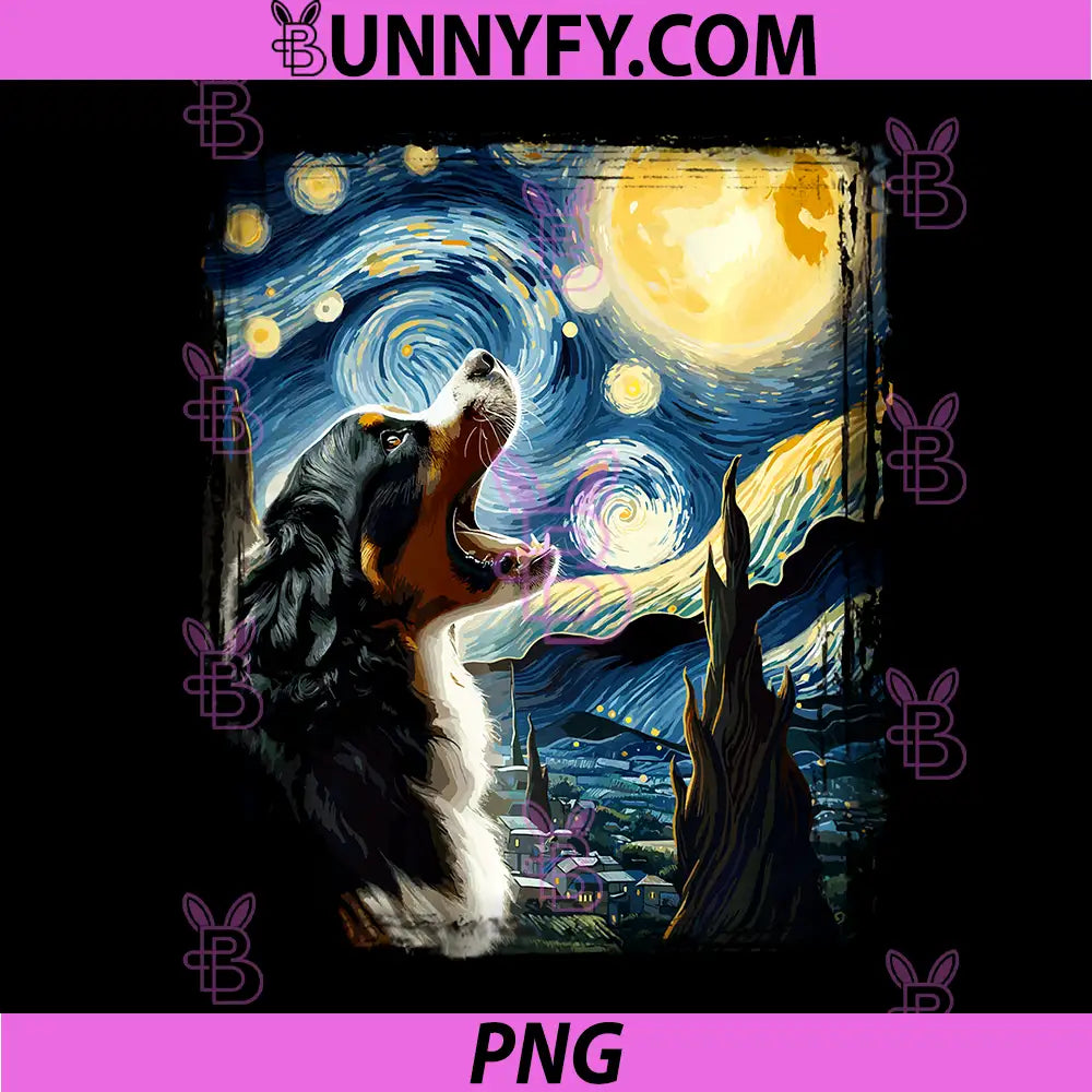 Canine Dog Art Van Gogh Starry Night PNG, Bernese Mountain Dog Performance PNG