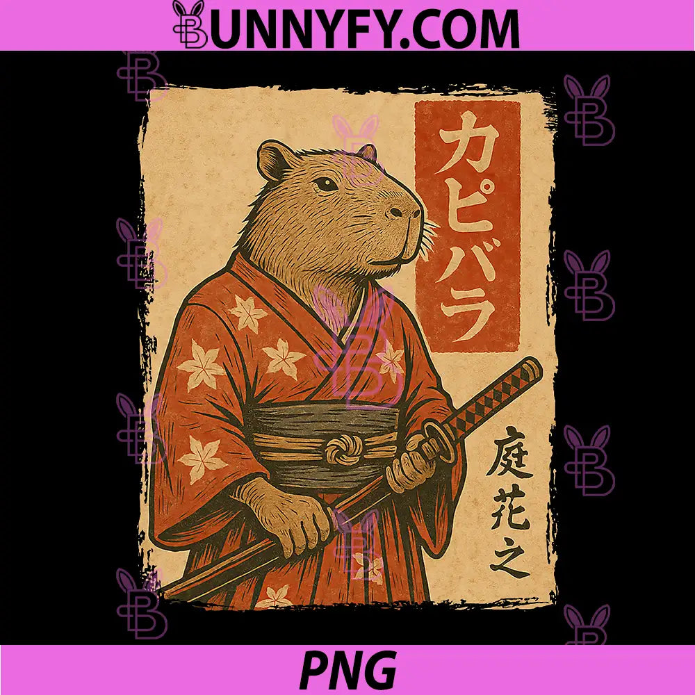 Capybara Samurai Japanese Art PNG, Warrior Capybara Kimono Sword PNG
