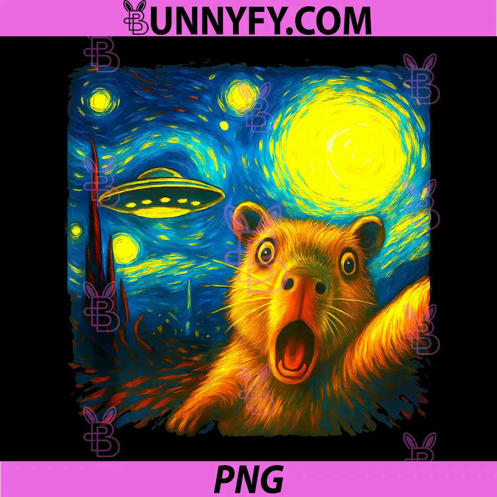 Capybara Selfie with Alien UFO PNG, Funny Starry Night Van Gogh Performance PNG