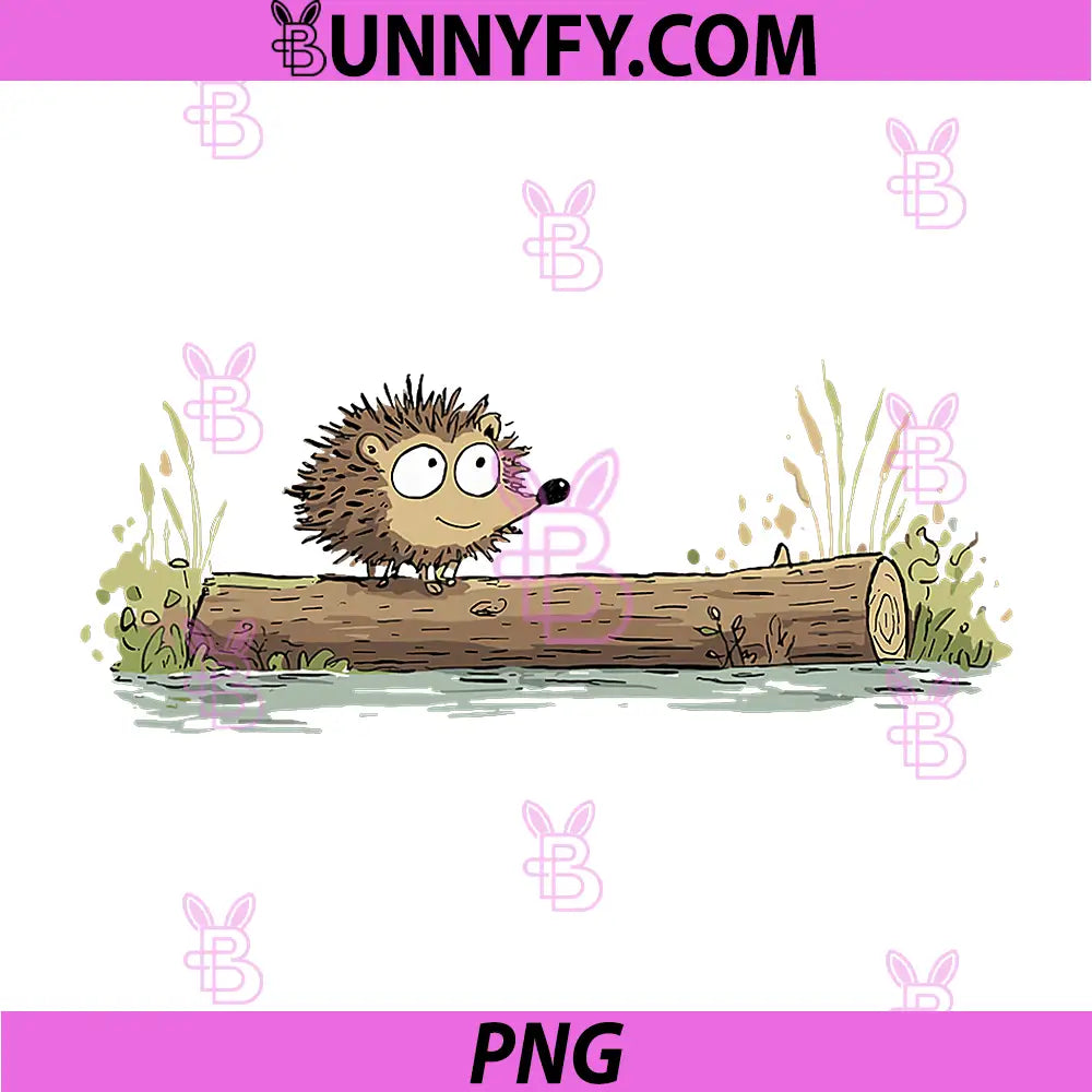 Cute Hedgehog On Log River Scene PNG, Cartoon Animal Nature PNG