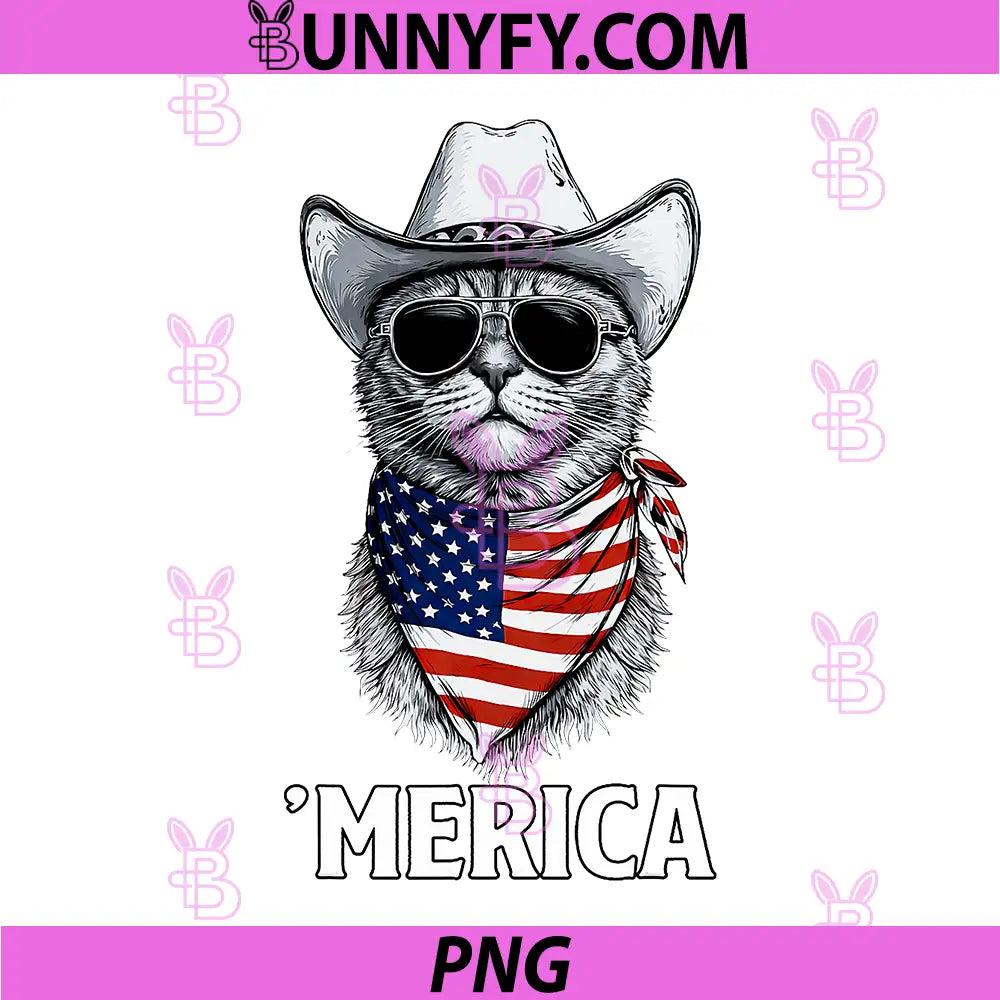 Cat American Flag Bandana PNG, Cowboy Hat Sunglasses PNG