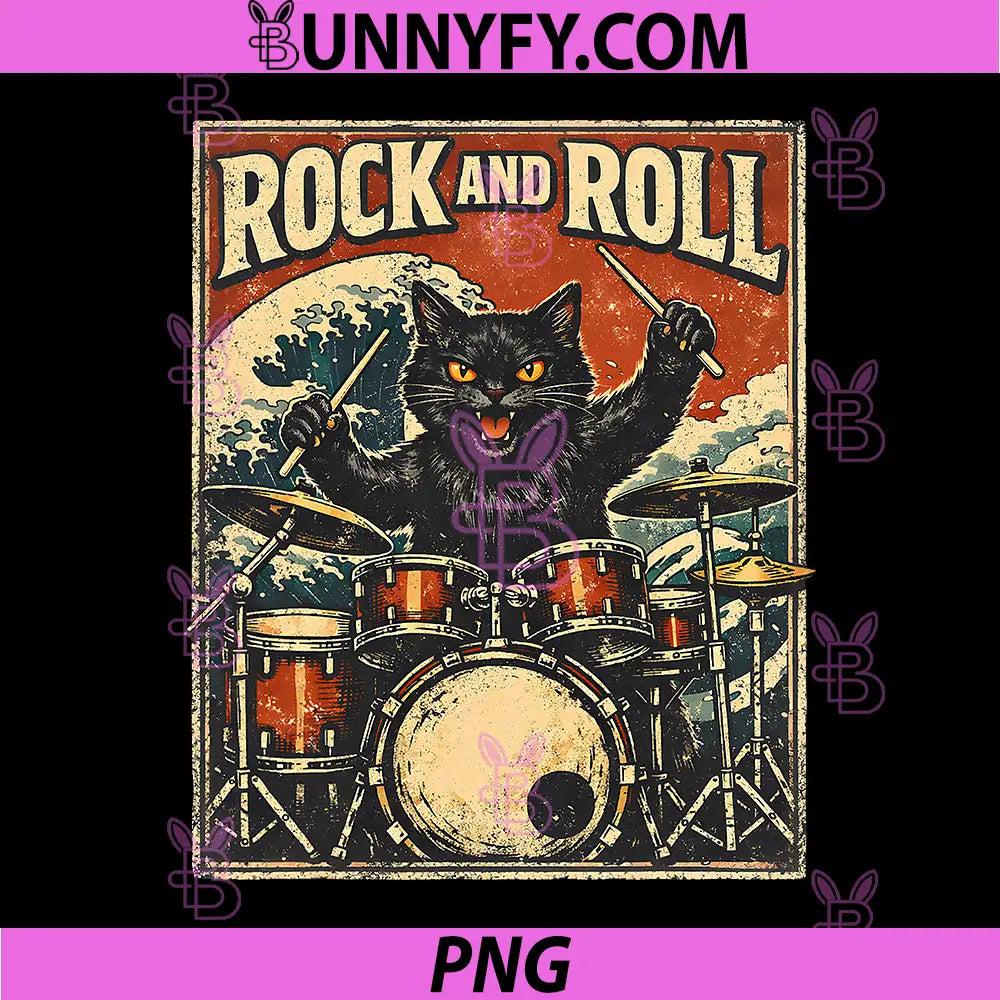 Cat Playing Drums Rock On PNG, Vintage Rock Drummer Cat PNG