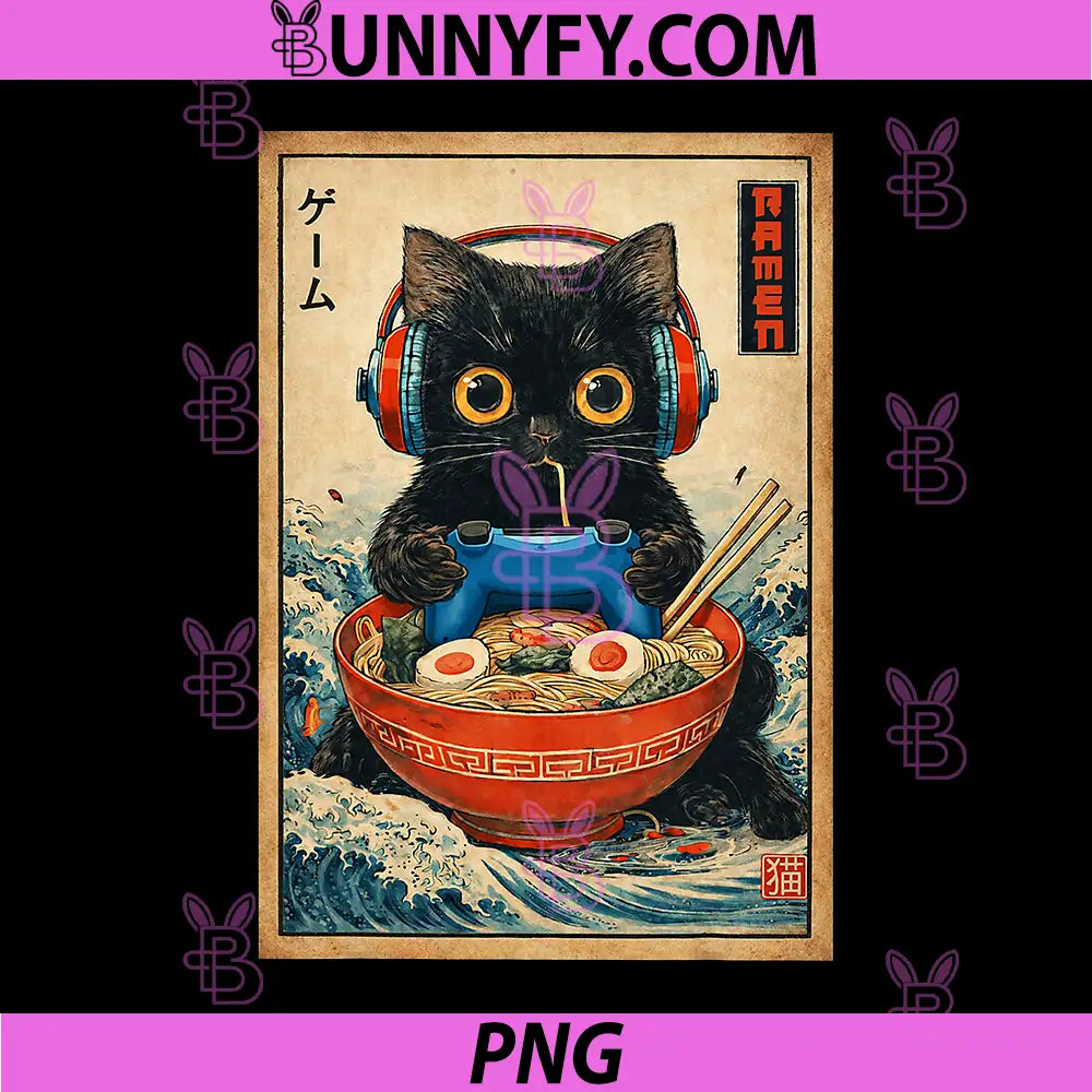 Cat Ramen Japanese PNG, Funny Graphic Tees Kawaii Cat PNG