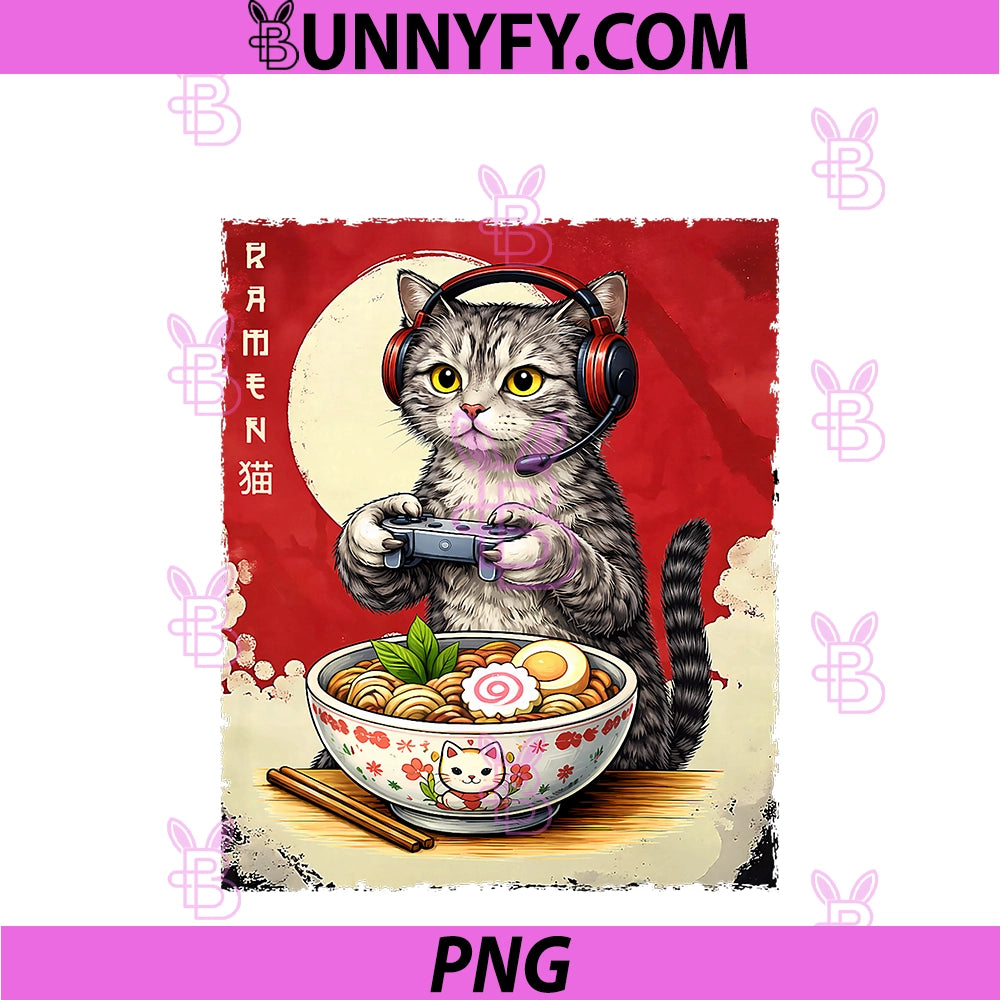 Cat Ramen Japanese PNG, Funny Kawaii Gamer Cat Anime Gifts PNG
