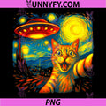 Cat Selfie with Alien UFO Funny PNG, Starry Night Van Gogh Performance PNG