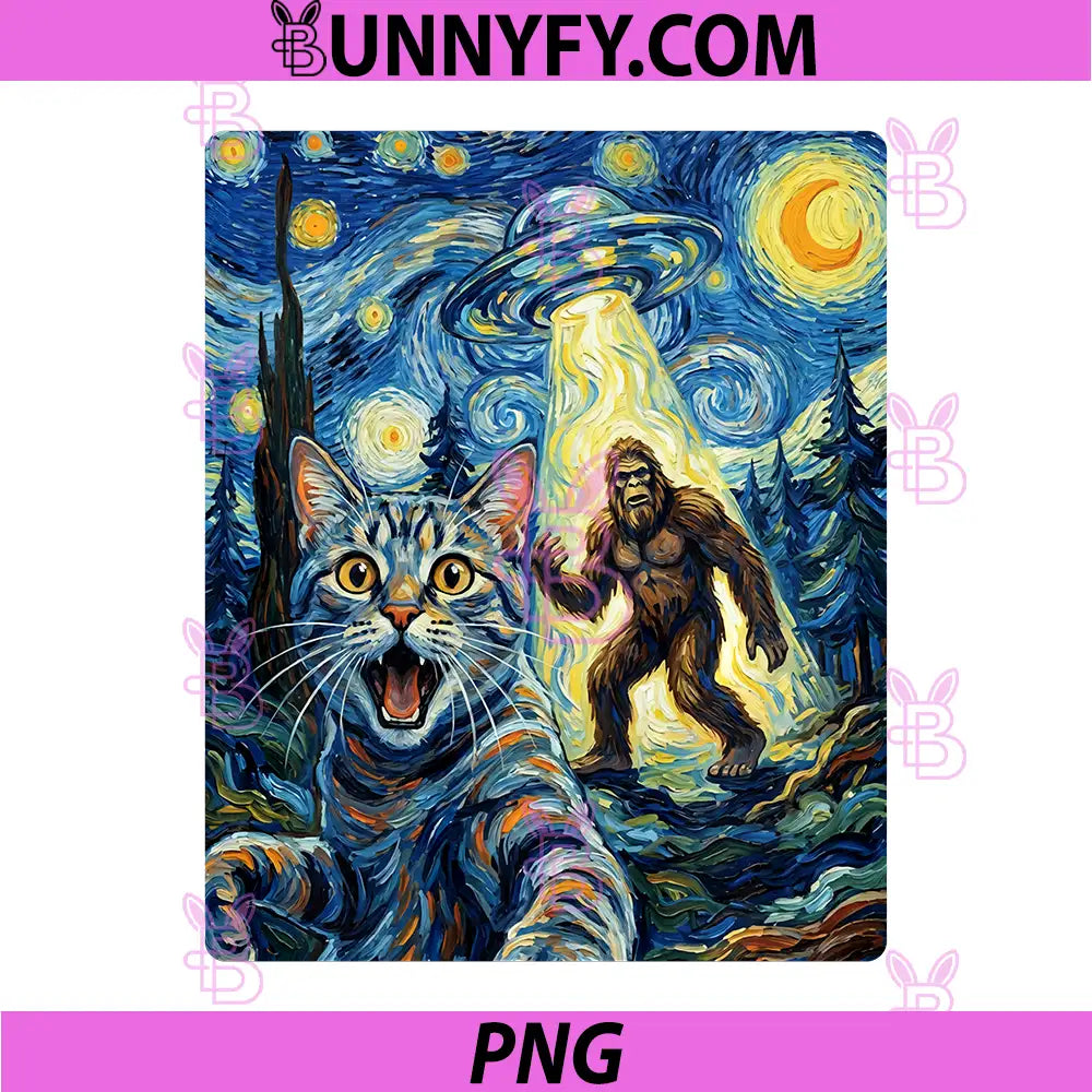 Cat Selfie with Bigfoot & UFO PNG, Funny Sasquatch Cat Van Gogh Performance PNG