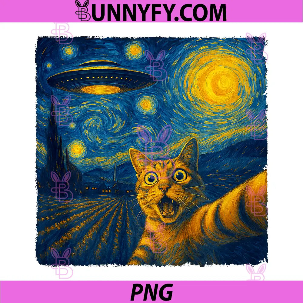 Cat Selfie with UFO Cats Starry Night PNG, Van Gogh Performance PNG
