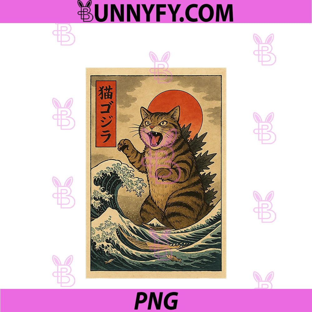 Catzilla Cat Japanese Art PNG, Funny Cat Gifts For Men Women Kid PNG