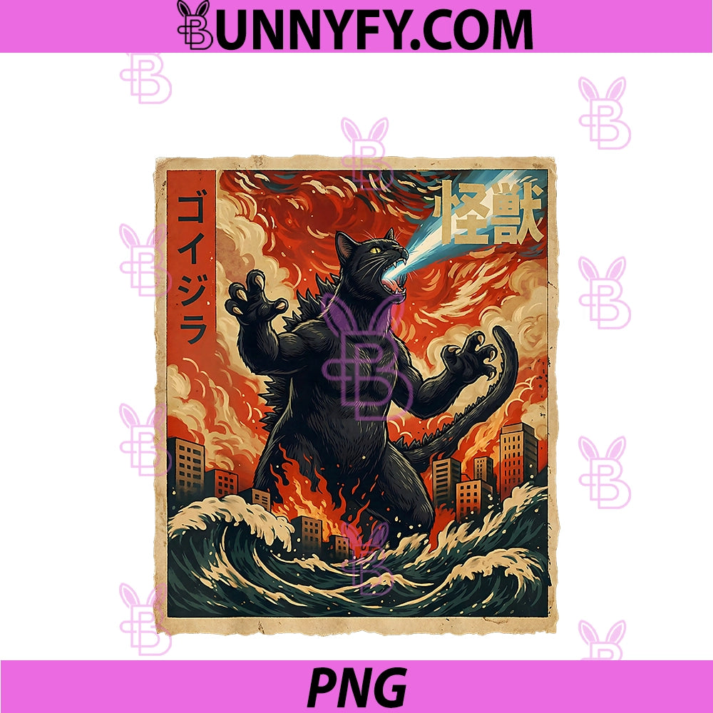 Catzilla Meowzilla Giant PNG, Cat Kaiju Japanese Ukiyo-e Wave Art PNG
