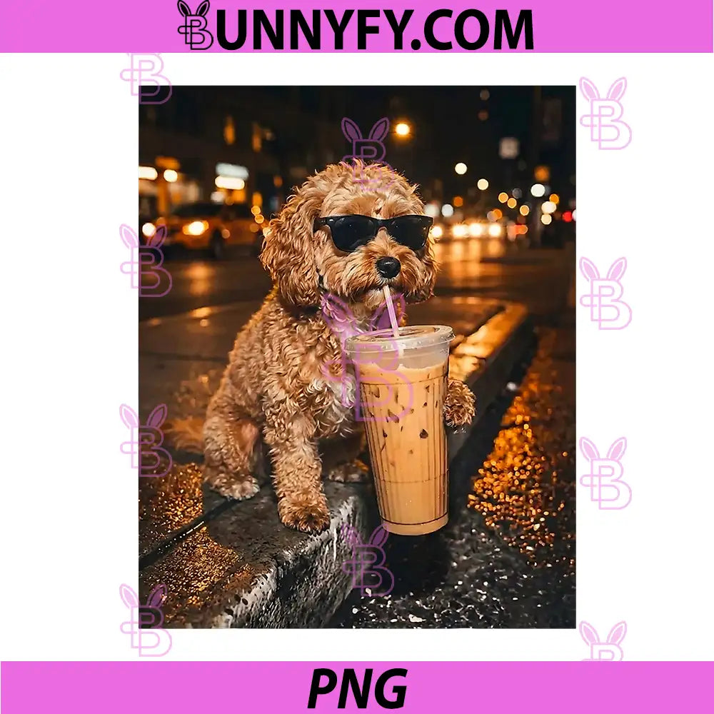 Cavapoo Drinking Iced Coffee Funny PNG, Dog Lover Animal Meme PNG