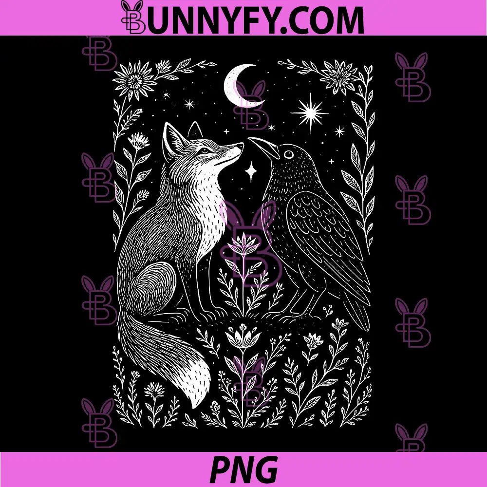 Celestial Floral Fox & Crow PNG, Moon Astrology Wildlife Nature PNG