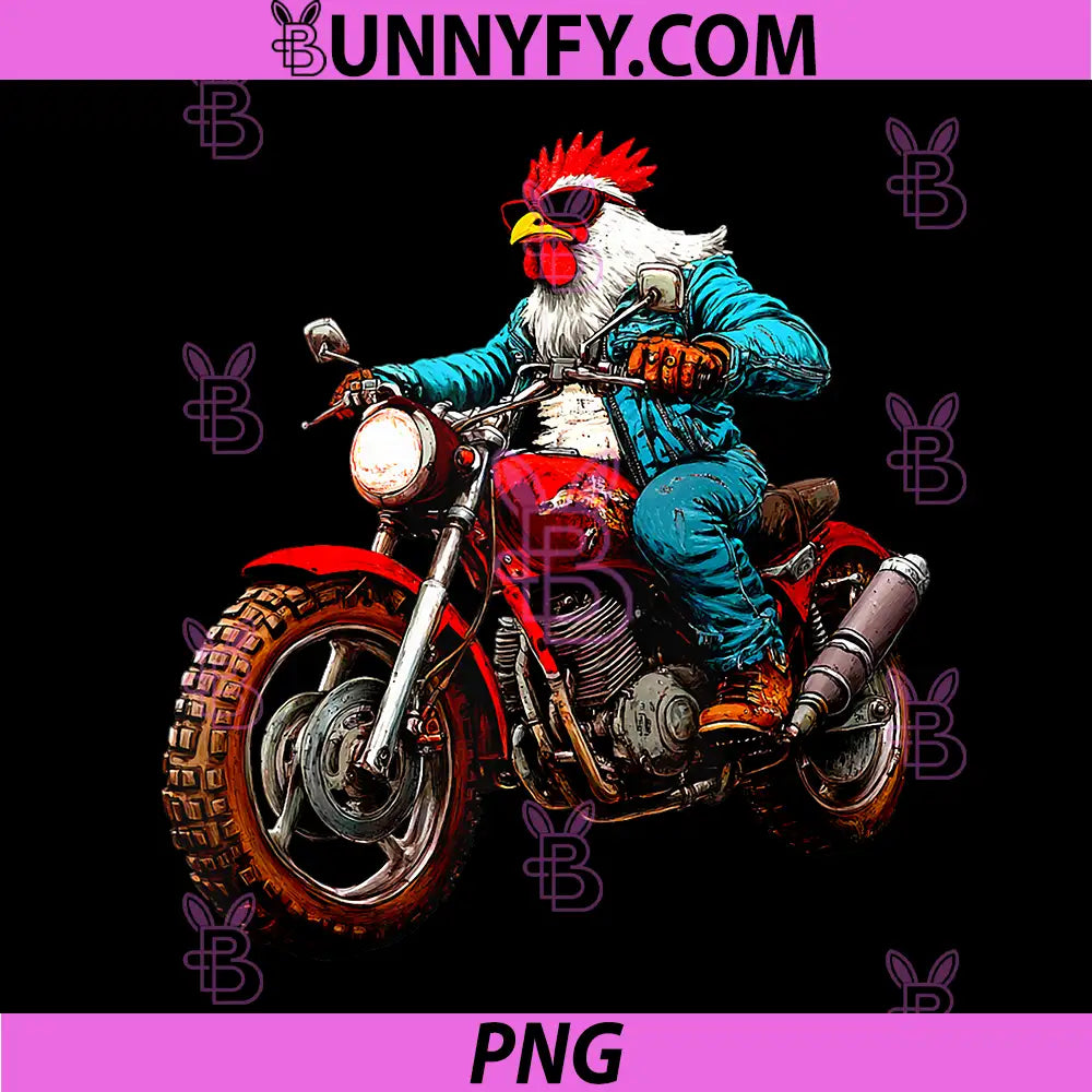 Rooster Biker Riding Motorcycle PNG, Funny Chicken Motorbike Rider Design PNG
