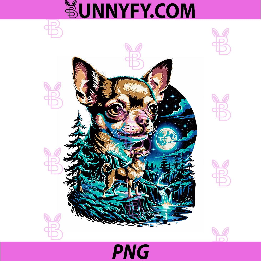 Chihuahua Dog Full Moon Night PNG, Forest Waterfall Landscape PNG