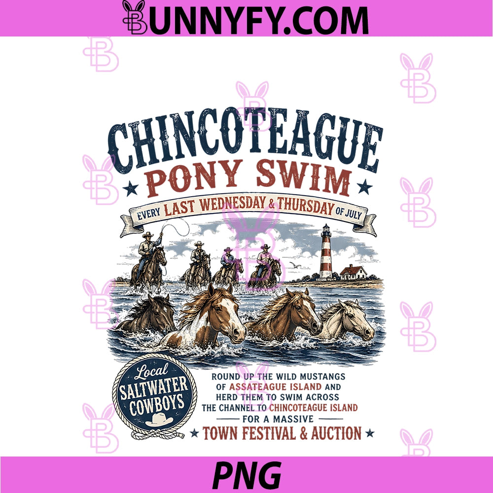 Chincoteague Pony Swim PNG, Vintage Wild Mustangs PNG