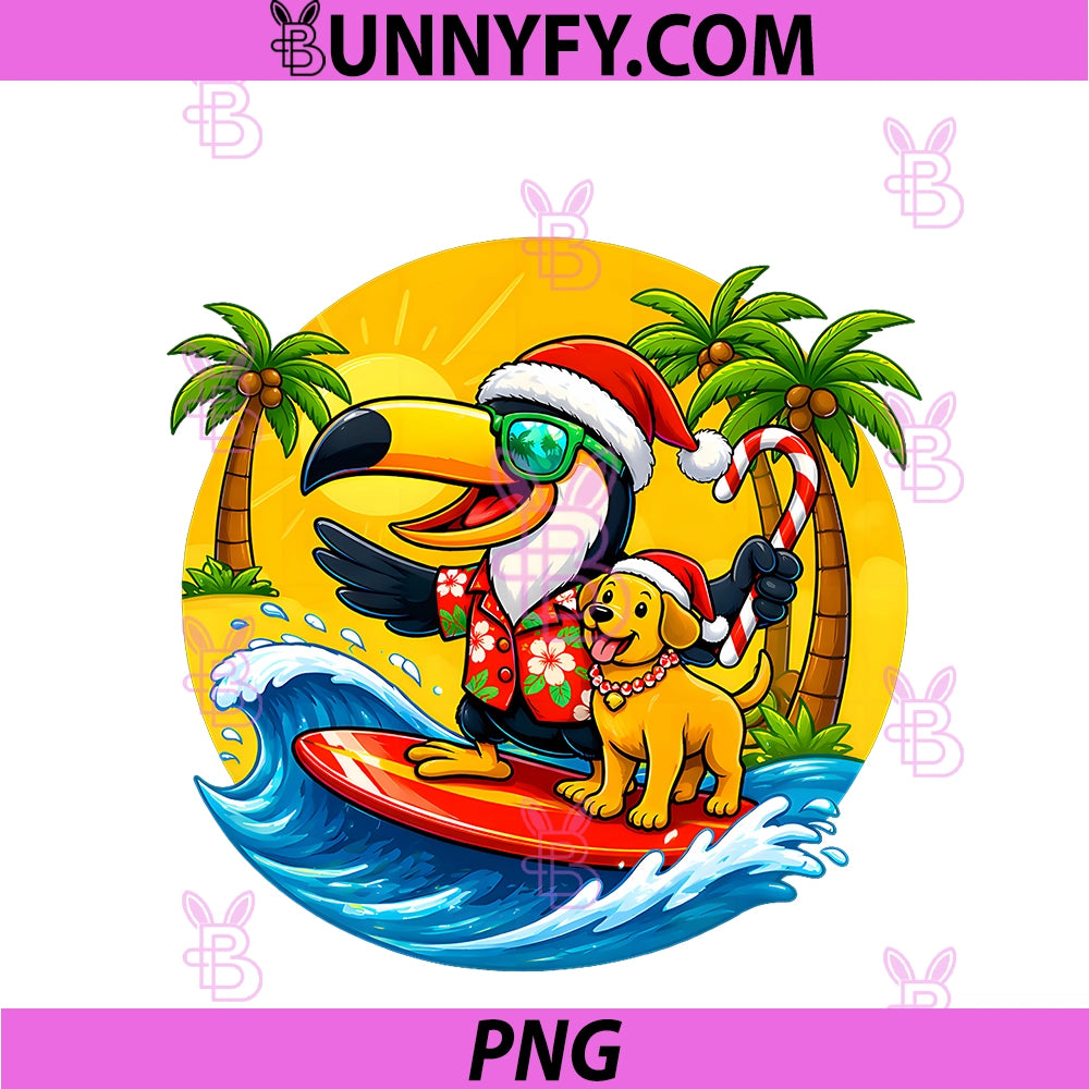 Christmas In July PNG, Toucan Bird Surfing Santa Hawaii Summer PNG