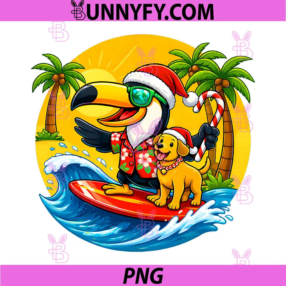 Christmas in July Toucan Bird PNG, Surfing Santa Hawaii Summer PNG