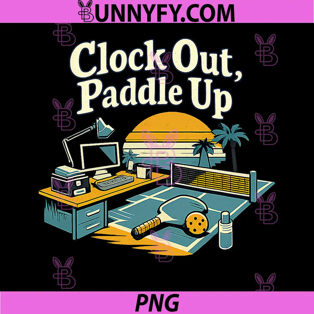 Clock Out Paddle Up PNG, Retro Pickleball Office Desk Art PNG