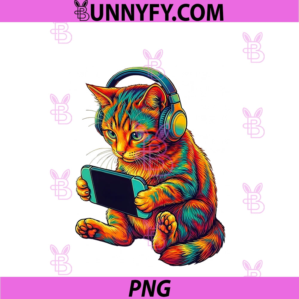 Colorful Cat Gamer Headphones PNG, Funny Gaming PNG