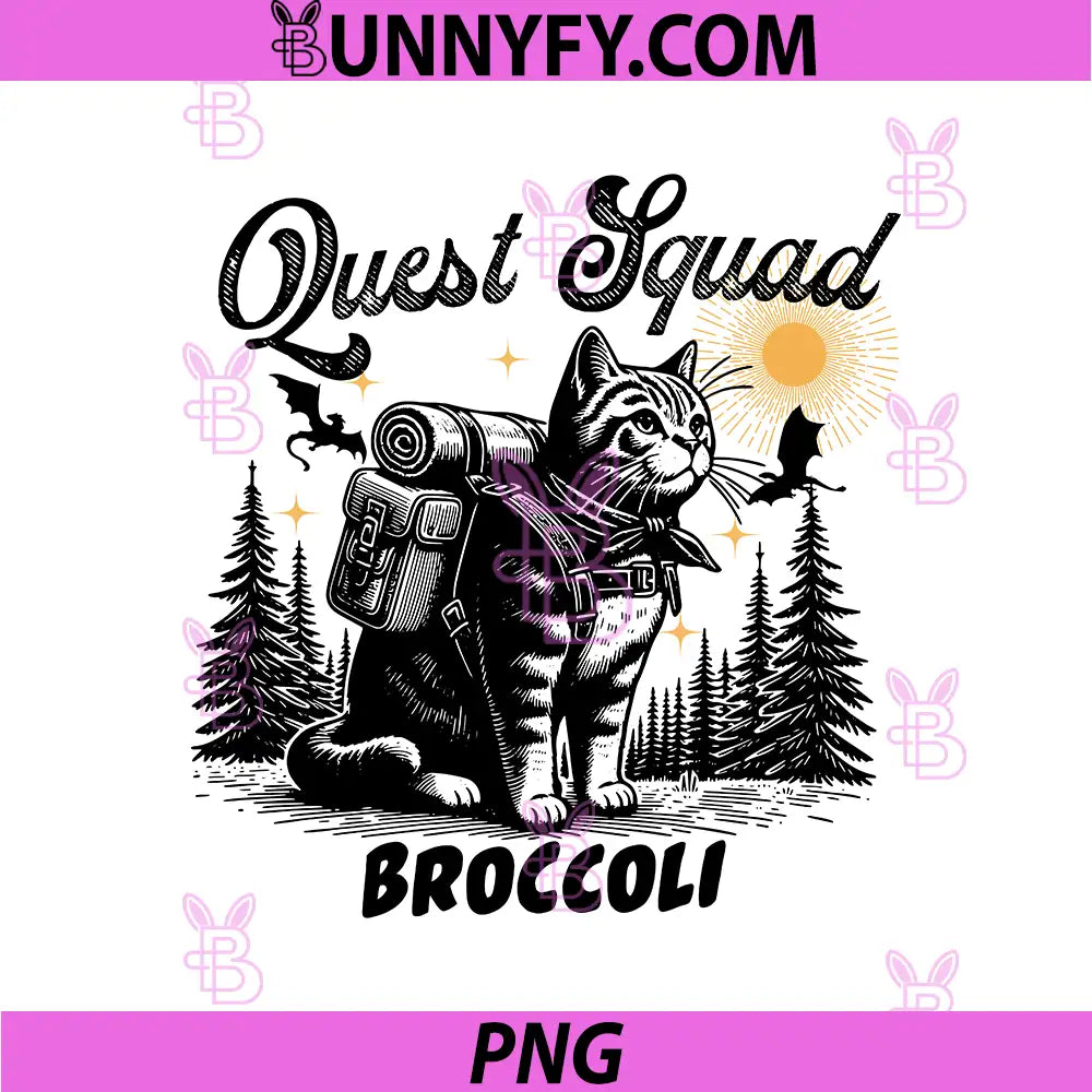 Quest Squad Broccoli Cat Adventurer PNG, Backpack Cat Fantasy Art PNG